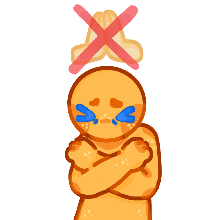 A drawing of a yellow person with squeezed shut blue eyes. the yellow person is making a x with their arms. there is a image of praying hands with a red x over the hands above their head